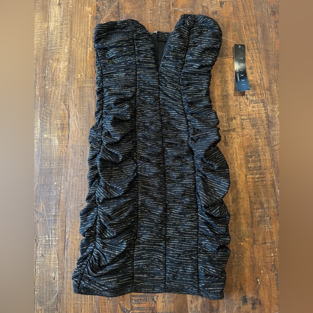 Trixxi Black and Gold Ruched Mini Dress